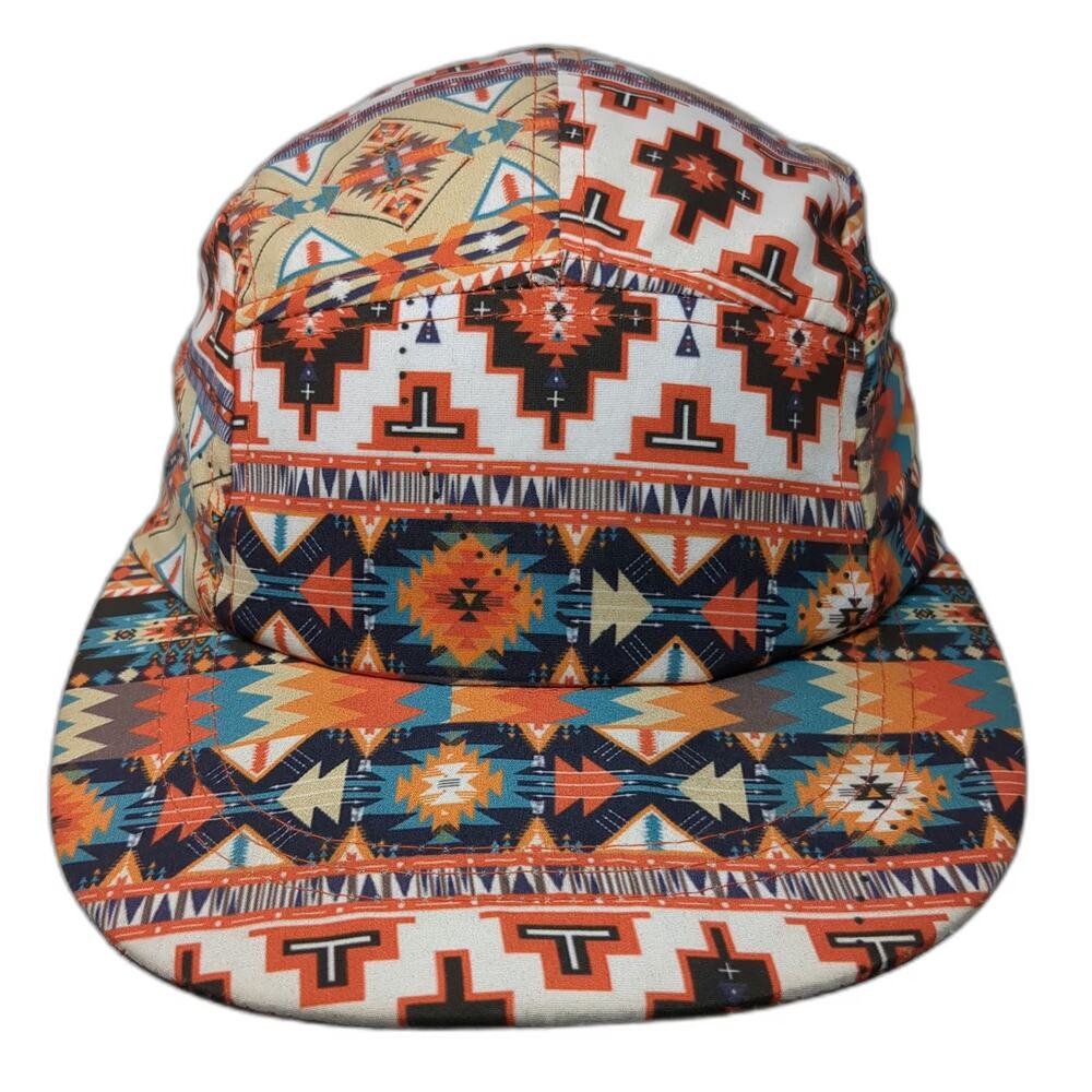 PUGS 5 Panel Orange Blue White Hat One Size Southwest Geometric All Over Print
